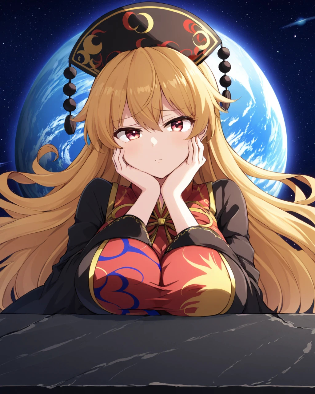 junko \(touhou\),1girl, solo, tabard, chinese_clothes, hat, large_breasts, wide_sleeves, long_sleeves, space, black_dress, planet, looking_at_viewer, earth_\(planet\), hand_on_own_face, angry, frown
<lora:junko_(touhou)_image6079_2023-12-20-000007:1>,star-shaped_pupils,symbol-shaped_pupils,. gorgeous,key visual, vibrant, studio anime,award-winning, professional, highly detailed,high budget, cinemascope