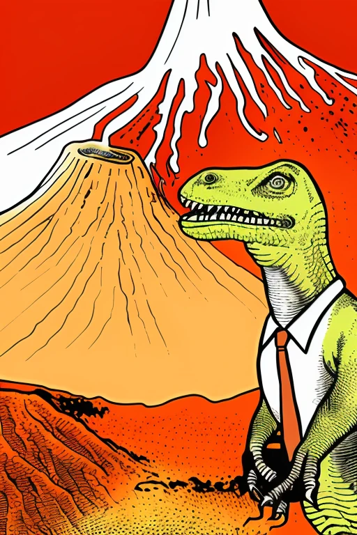 (best quality, high quality), <lora:pbfcomics style v2:1> pbfcomics style, solo, t-rex, dinosaur, clothed animal, red necktie, volcano, orange theme, highly detailed