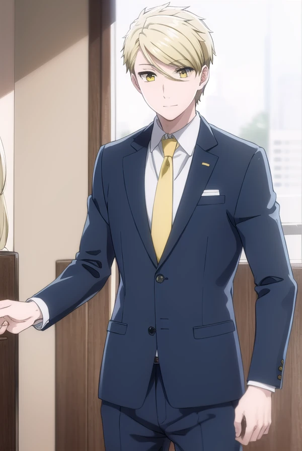ryouamakusa, <lora:ryou amakusa s1-lora-nochekaiser:1>,
ryou amakusa, short hair, blonde hair, (yellow eyes:1.5), male focus, smile,
BREAK shirt, long sleeves, jacket, white shirt, necktie, pants, formal, blazer, suit, red necktie,
BREAK indoors, office,
BREAK looking at viewer, (cowboy shot:1.5),
BREAK <lyco:GoodHands-beta2:1>, (masterpiece:1.2), best quality, high resolution, unity 8k wallpaper, (illustration:0.8), (beautiful detailed eyes:1.6), extremely detailed face, perfect lighting, extremely detailed CG, (perfect hands, perfect anatomy),