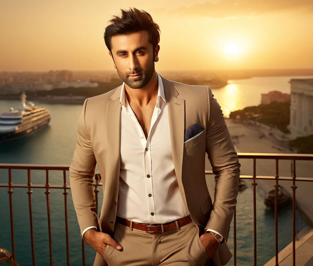 Nautical-themed (Photo:1.3) of (Ultrarealistic:1.3) <lora:Man_Men_FFashion:1> ranbir kapoor a man <lora:ranbir-kapoor:1> in a tan suit standing on a balcony, sun behind him, inspired by Pablo Munoz Gomez, shot at golden hour, editorial photograph, midshot of a hunky, by Roman Bezpalkiv, by Artur Tarnowski, maxim sukharev, by Gabor Szikszai,Highly Detailed,(Mono Color:1.3) . Sea, ocean, ships, maritime, beach, marine life, highly detailed