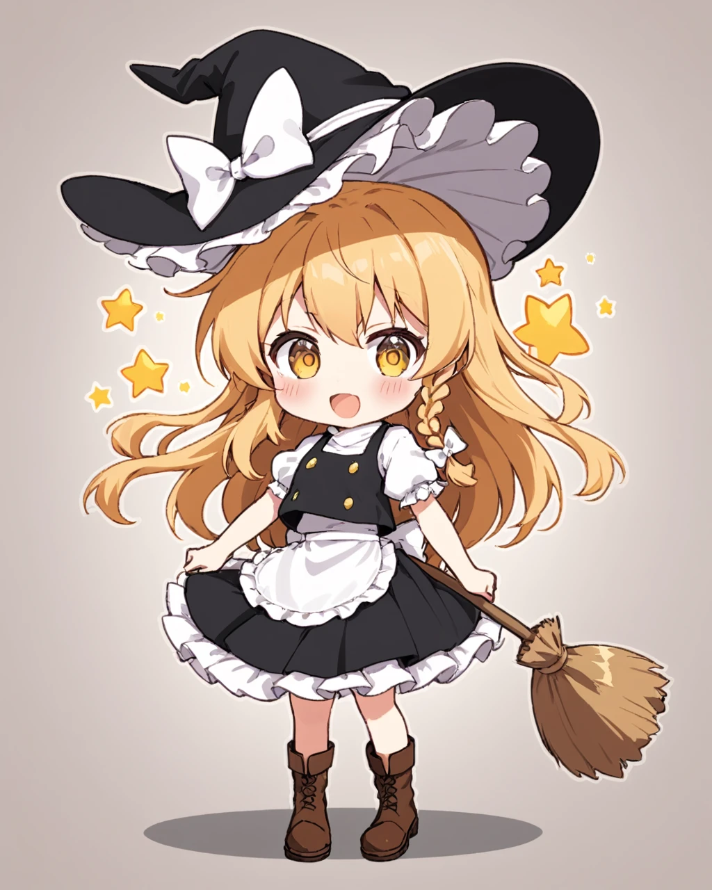 kirisame marisa,1girl, solo, witch_hat, open_mouth, white_bow, black_skirt, black_headwear, signature, chibi, brown_footwear, boots, frills, blush, waist_apron, hair_bow, full_body, hat_bow, white_shirt, single_braid, white_apron, :d, puffy_short_sleeves, black_vest, holding, broom_riding
<lora:kirisame_marisa_image6213_2023-12-11-000007:1>,star-shaped_pupils,symbol-shaped_pupils,. gorgeous,key visual, vibrant, studio anime,award-winning, professional, highly detailed,high budget, cinemascope