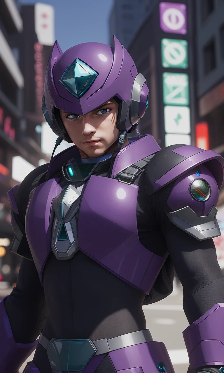 mgmgrv2023, 1boy, best quality, masterpiece, 5 fingers, depth of field, intricate, photorealistic, purple armor, green accents, powerful,cyberpunk city,