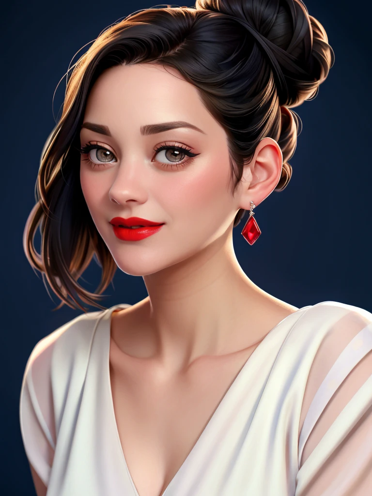 Realistic photo of a beautiful m4r10nc woman,1girl,solo,looking at viewer,smile,black hair,brown eyes,jewelry,earrings,hair bun,makeup,blue background,single hair bun,lipstick,portrait,realistic,red lips,soft lighting, professional Photography, Photorealistic, detailed, RAW, analog, sharp focus, 8k, HD, high quality, masterpiece<lora:m4r10nc:1.0>