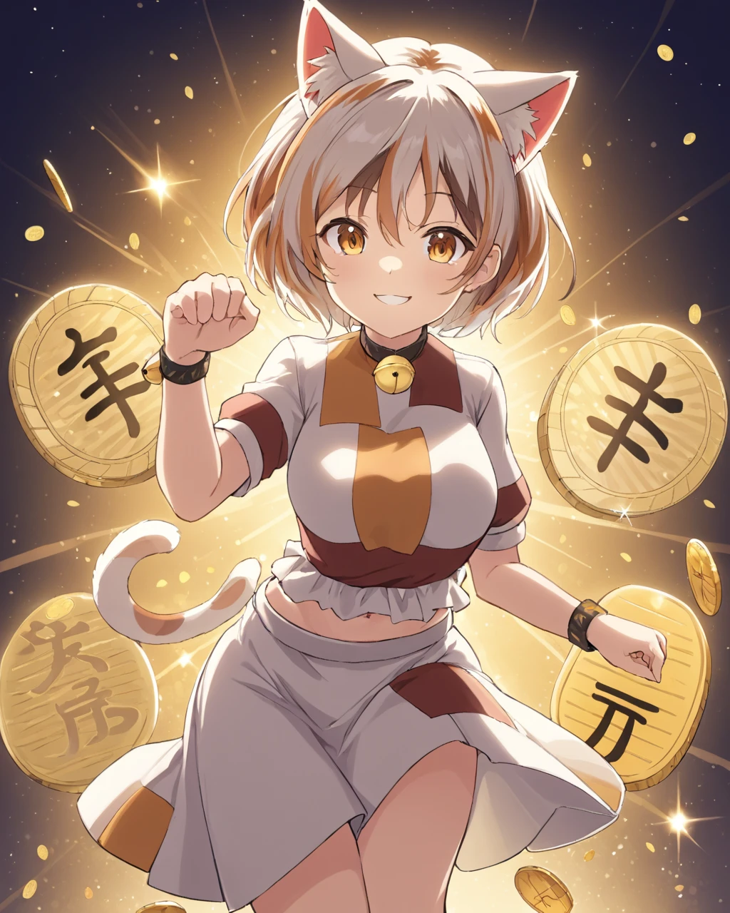goutokuji mike,1girl, solo, cat_tail, gold, smile, coin, jingle_bell, multicolored_shirt, neck_bell, looking_at_viewer, short_sleeves, multicolored_skirt, medium_skirt, shirt, maneki-neko, calico, paw_pose, patch, cat_girl, breasts, holding, sparkle, jewelry
<lora:goutokuji_mike_image915_2023-12-20:1>,star-shaped_pupils,symbol-shaped_pupils,. gorgeous,key visual, vibrant, studio anime,award-winning, professional, highly detailed,high budget, cinemascope