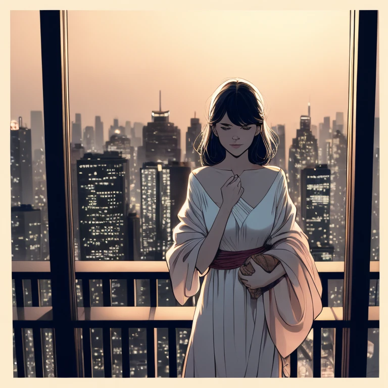 1girl,  A woman stands on the edge of her balcony, looking out at twinkling city lights below as she holds onto tightly wrapped arms with both hands while clutching something precious close against herself - perhaps it's an old photo or a memento from someone dear to you., comic style, hires, uhd, 8k