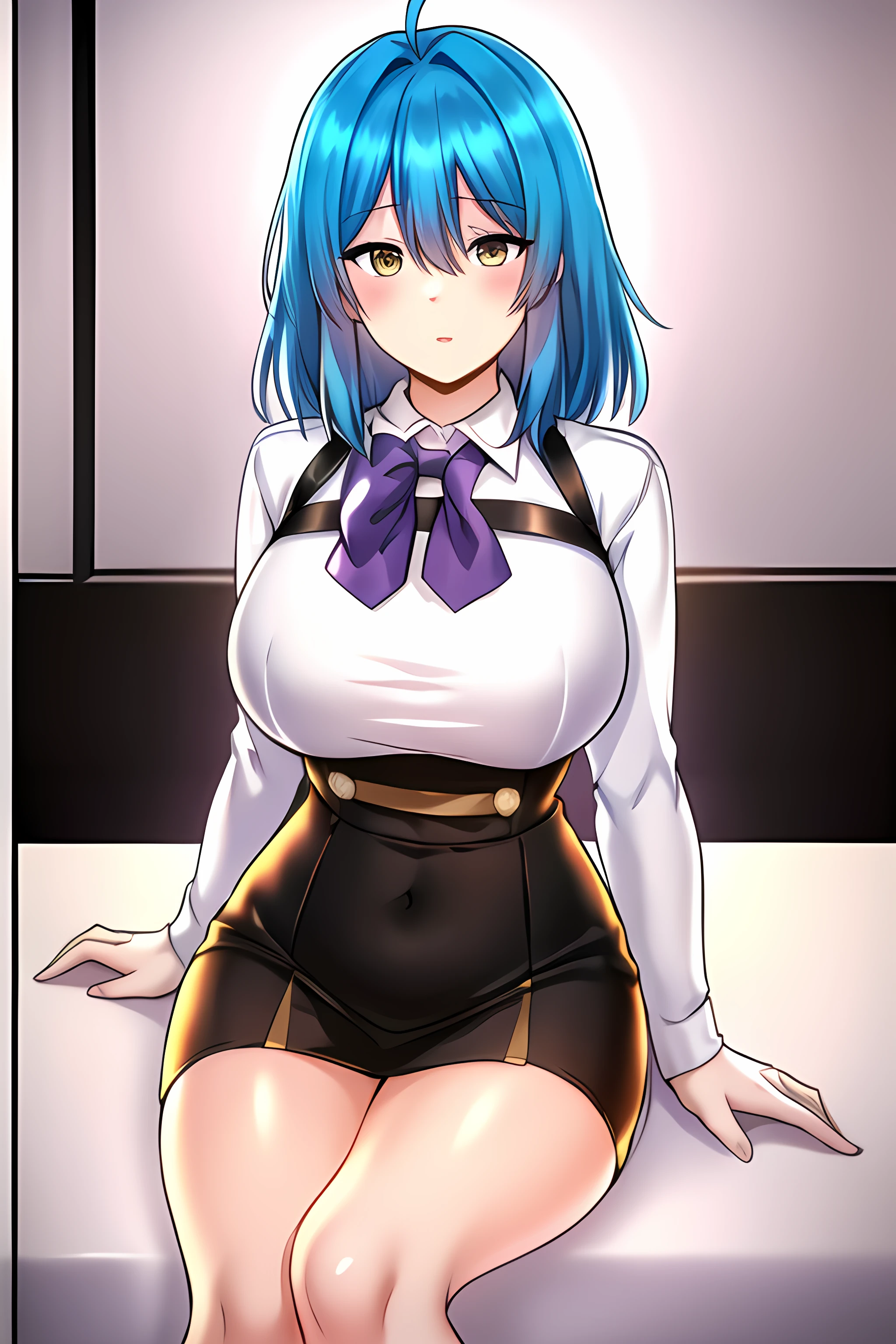 ((masterpiece, best quality)), 1girl, sitting,solo, ahoge, lucy \(uniform\) \(seka\),(bare hands), bangs, blue_hair, blush, breasts,cowboy_shot,eyebrows_visible_through_hair, hair_between_eyes,large_breasts, long_sleeves, looking_at_viewer, shirt, skirt, (white_shirt), yellow_eyes,purple_bow, purple_bowtie,bare legs,,,,,extremely detailed CG unity 8k wallpaper, perfect lighting,Colorful, Bright_Front_face_Lighting,White skin, (masterpiece:1.0),(best_quality:1.0), ultra high res,4K,ultra-detailed, photography, 8K, HDR, highres, absurdres:1.2, Kodak portra 400, film grain, blurry background, bokeh:1.2, lens flare, vibrant_color,professional photograph,bow breasts, (beautiful_face:1),(narrow_waist),(Beautiful  large breasts),Beautiful Finger,Beautiful long legs,Beautiful body,Beautiful Nose,Beautiful character design, perfect face,perfect balance,(2d)