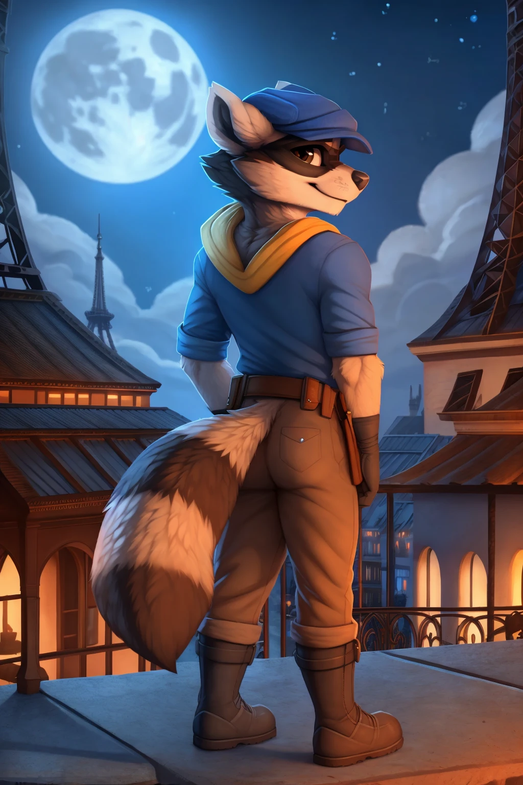 (sly cooper:1.2) Raccoon, Blue cap, Blue and yellow topwear, jacket, Belt, Belt bag, Black boots, Black gloves, brown pants, Brown eyes, solo, male, (holding cooper's cane:1.5), rear view,
(paris, detailed background, night, standing on top of roof, Eiffel Tower, moon, neon lights)
((by yakovlev-vad, by zackary911, by zonkpunch, by oystercatcher7)), (uploaded on e621, full-length portrait, masterpiece, best quality, high quality, 2k, 4k, hires, digital media \(artwork\))
<lora:Sly Cooper (Movie Version)_V1 - FRLione160Vprede133_-step00002600:0.8>