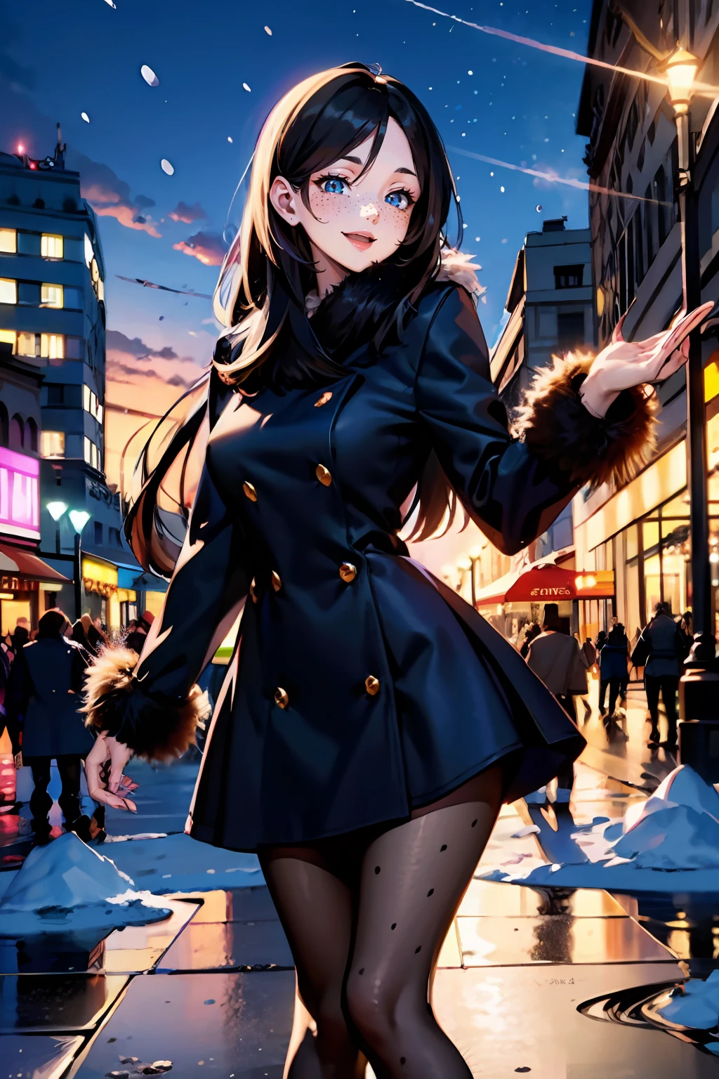 masterpiece, best quality, <lora:age_slider_v20:1> <lora:detail_slider_v4:2> curvy, 1girl, long hair, black hair, freckles, smile, cityscape, jack3tdr3ss, long sleeves, pantyhose, fur trim, solo, winter, snow, city, <lora:jack3tdr3ss2:0.6>