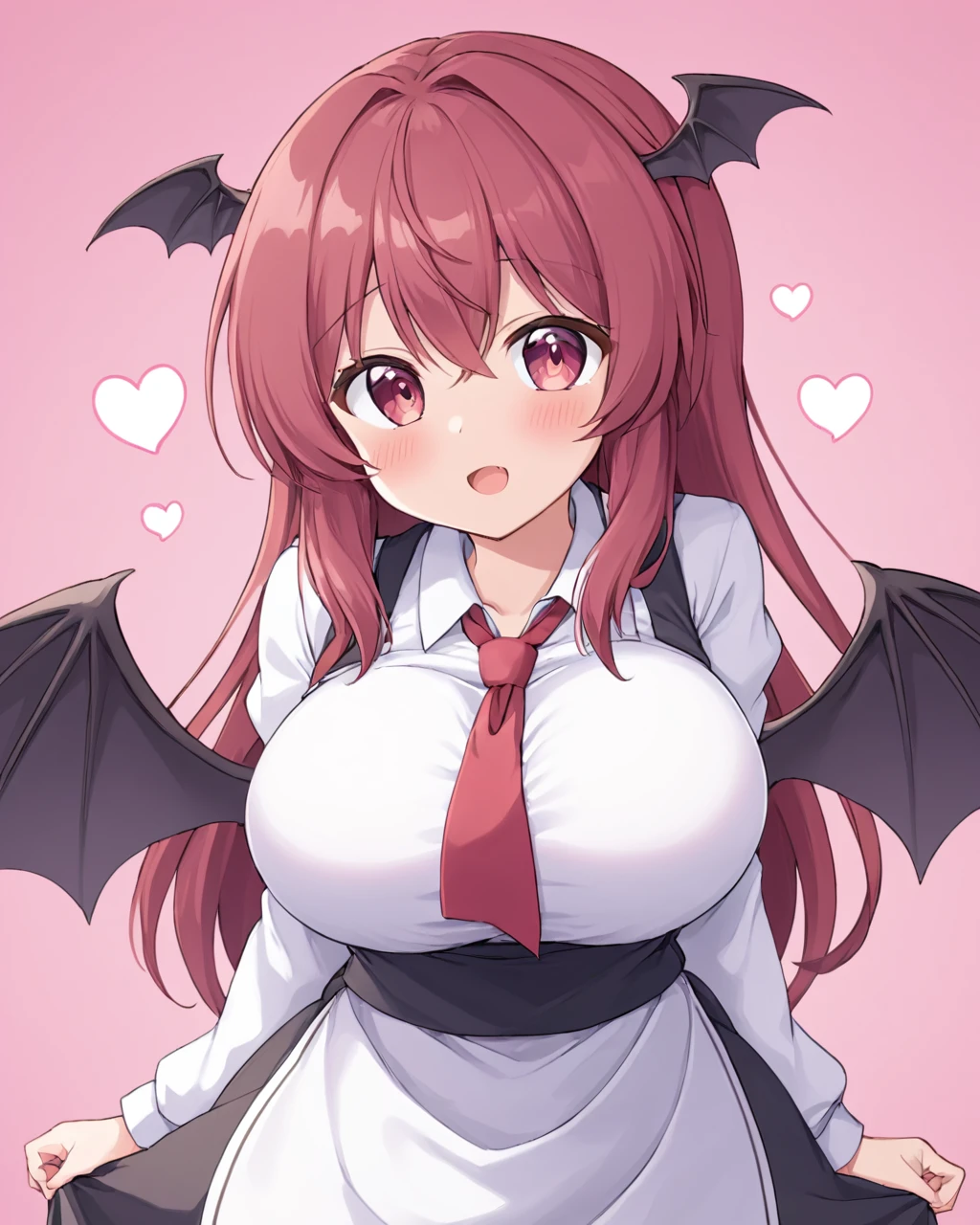 koakuma,1girl, solo, apron, head_wings, :d, blush, open_mouth, head_scarf, large_breasts, red_necktie, dress_shirt, looking_at_viewer, long_sleeves, bat_wings, skirt, white_shirt, pink_background, heart_background, alternate_hairstyle
<lora:koakuma_image4390_2023-12-14-000008:1>,star-shaped_pupils,symbol-shaped_pupils,. gorgeous,key visual, vibrant, studio anime,award-winning, professional, highly detailed,high budget, cinemascope