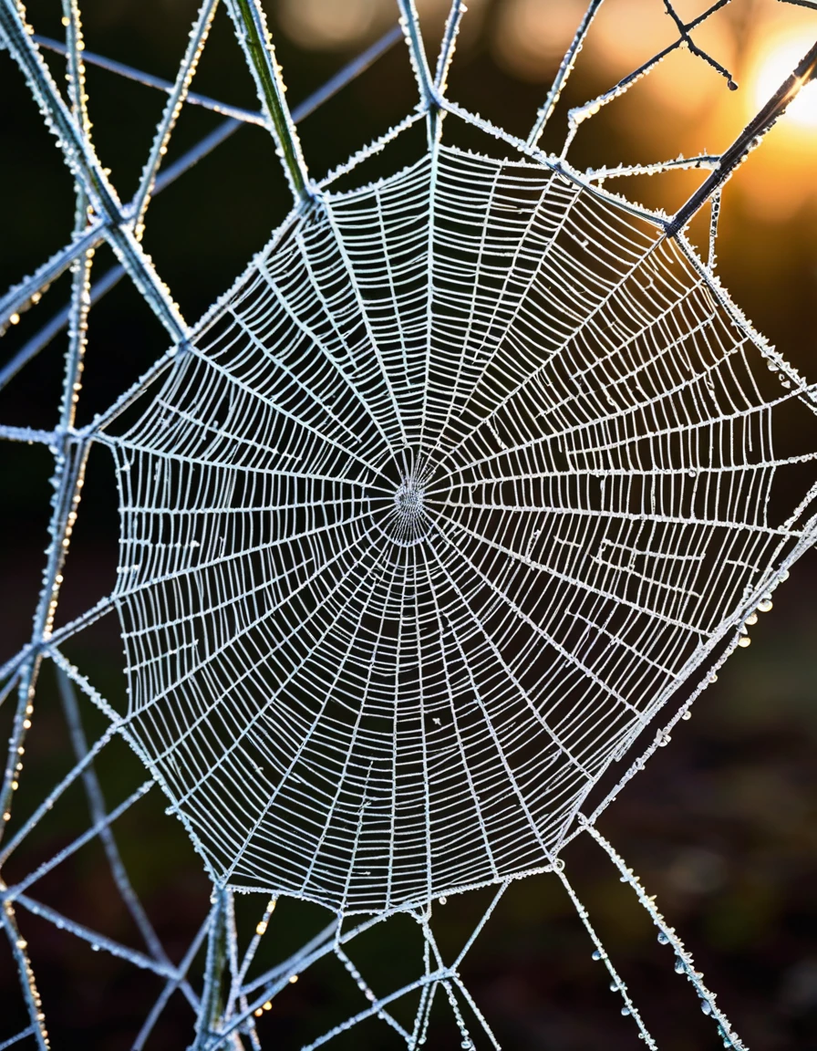Frost on a spider web, Crystal patterns glisten bright, Sunrise breaks the chill