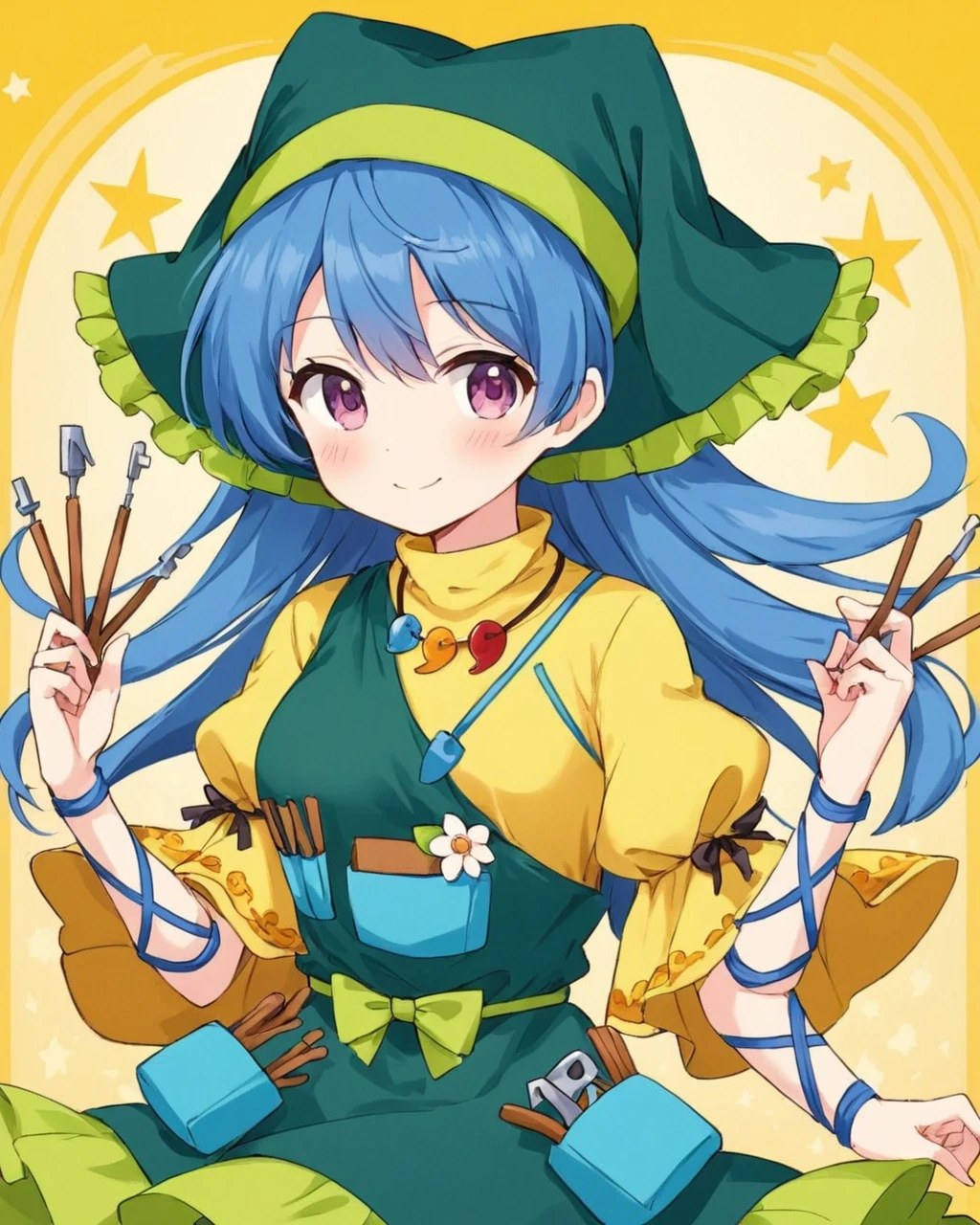 haniyasushin keiki,1girl, solo, yellow_dress, magatama_necklace, traditional_media, green_headwear, green_apron, smile, between_fingers, arm_ribbon, tools, single_strap, puffy_short_sleeves, closed_mouth, looking_at_viewer, yellow_background, flower, head_scarf, blush
<lora:haniyasushin_keiki_image1264_2023-12-20-000014:1>,star-shaped_pupils,symbol-shaped_pupils,. gorgeous,key visual, vibrant, studio anime,award-winning, professional, highly detailed,high budget, cinemascope