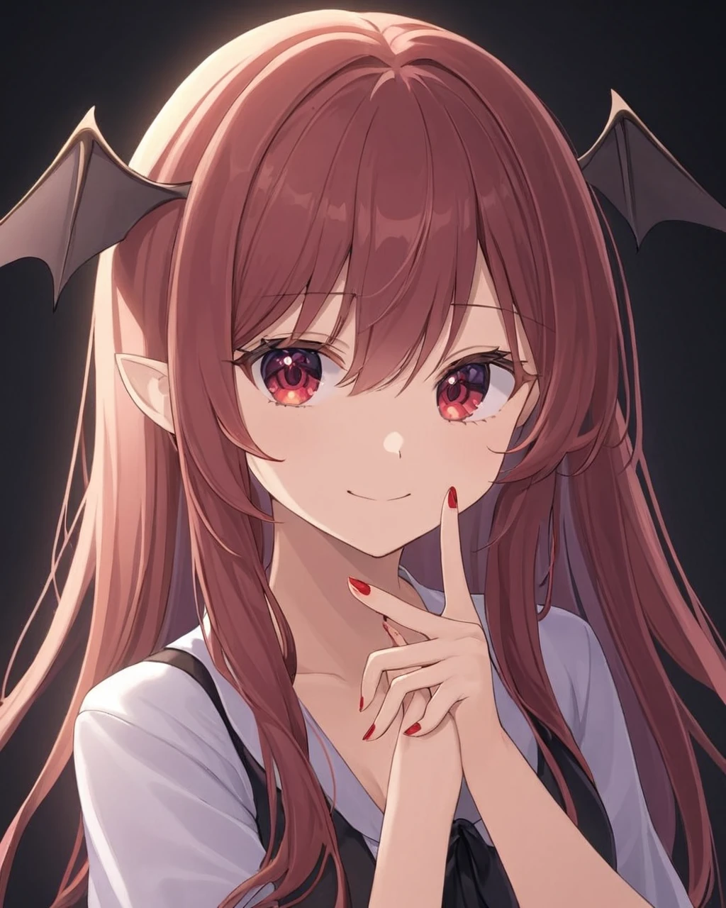 koakuma,1girl, solo, head_wings, smile, looking_at_viewer, index_finger_raised, red_nails, finger_to_cheek, portrait, black_background, simple_background, nail_polish, closed_mouth, dark_background, bat_wings, hand_up, light_smile
<lora:koakuma_image4390_2023-12-14-000008:1>,star-shaped_pupils,symbol-shaped_pupils,. gorgeous,key visual, vibrant, studio anime,award-winning, professional, highly detailed,high budget, cinemascope