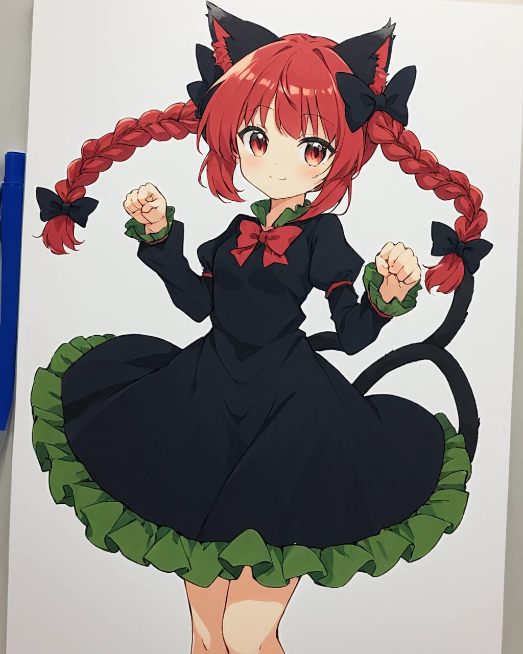 kaenbyou rin,1girl, solo, twin_braids, paw_pose, fire, traditional_media, :3, cat_tail, hair_bow, looking_at_viewer, black_bow, two_tails, juliet_sleeves, marker_\(medium\), frills, v-shaped_eyebrows, nekomata, closed_mouth, black_dress, smile, red_bowtie
<lora:kaenbyou_rin_image6792_2023-12-20:1>,star-shaped_pupils,symbol-shaped_pupils,. gorgeous,key visual, vibrant, studio anime,award-winning, professional, highly detailed,high budget, cinemascope