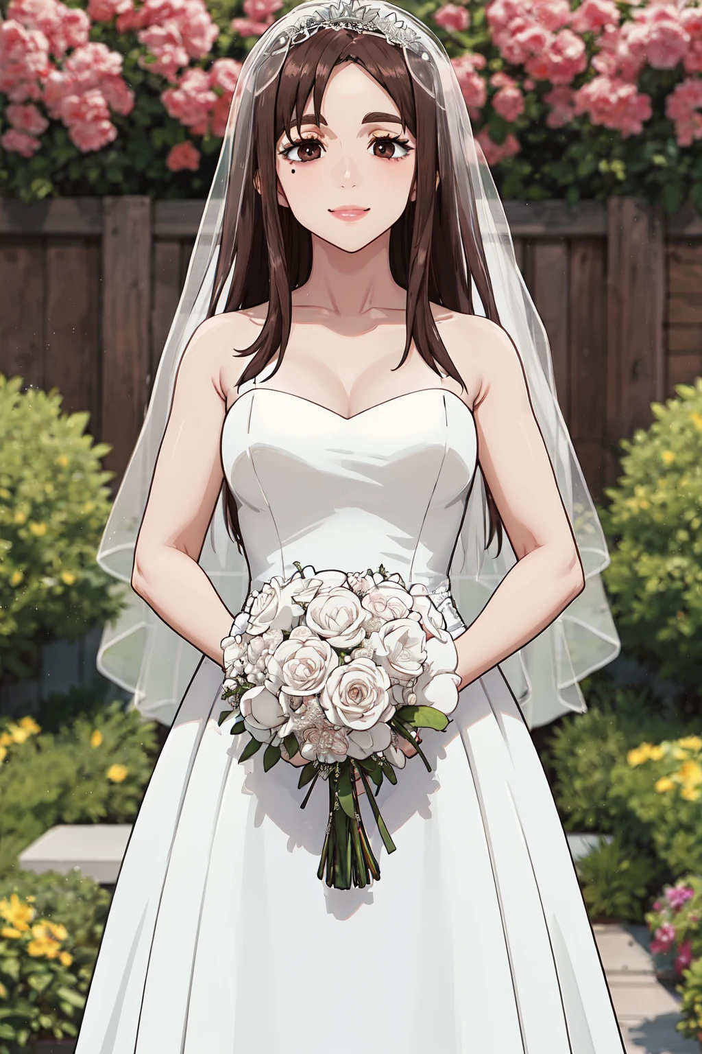 masterpiece,best quality,highres,ultra-detailed,aashoko,brown eyes,(mole under eye:0.8),makeup,long hair,<lora:ieiri_shoko:0.8>,(wedding dress:1.2),white dress,(veil:1.2),garden,smile,outdoors,standing,cowboy shot,holding bouquet,