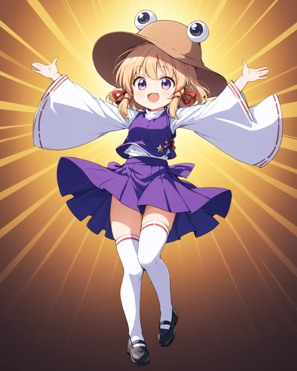 moriya suwako,1girl, solo, open_mouth, wide_sleeves, hat, white_thighhighs, arms_up, shoes, long_sleeves, hair_ribbon, +++, vest, ^_^, full_body, shirt, ribbon-trimmed_sleeves, black_footwear, happy, brown_headwear, skirt_set, red_ribbon, ribbon-trimmed_legwear, outstretched_arms, :d, purple_skirt, sidelocks
<lora:moriya_suwako_image6645_2023-12-17-000007:1>,star-shaped_pupils,symbol-shaped_pupils,. gorgeous,key visual, vibrant, studio anime,award-winning, professional, highly detailed,high budget, cinemascope