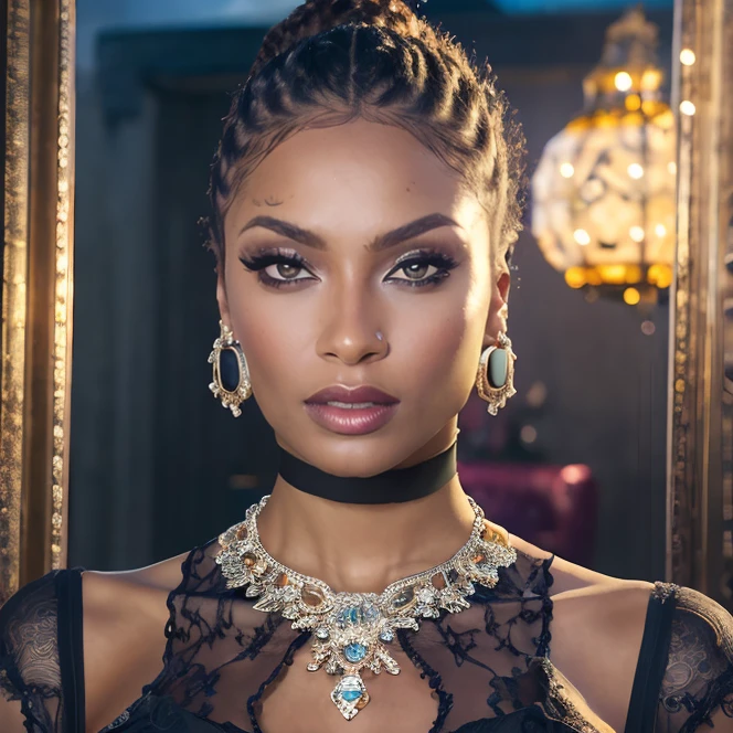 (masterpiece:1.2), (best quality,:1.2), 8k, HDR, ultra detailed, ((photorealistic)), professional light, cinematic lighting, fashion photography, ambient lighting, face lighting, Sarai, <lora:Sarai-10:1>, dynamic pose, earrings, dark makeup, choker, necklace, ((portrait shot)), <lora:detail_slider_v4:2>, OverallDetail, ffhanddetail, ffacedetail, skindetail,