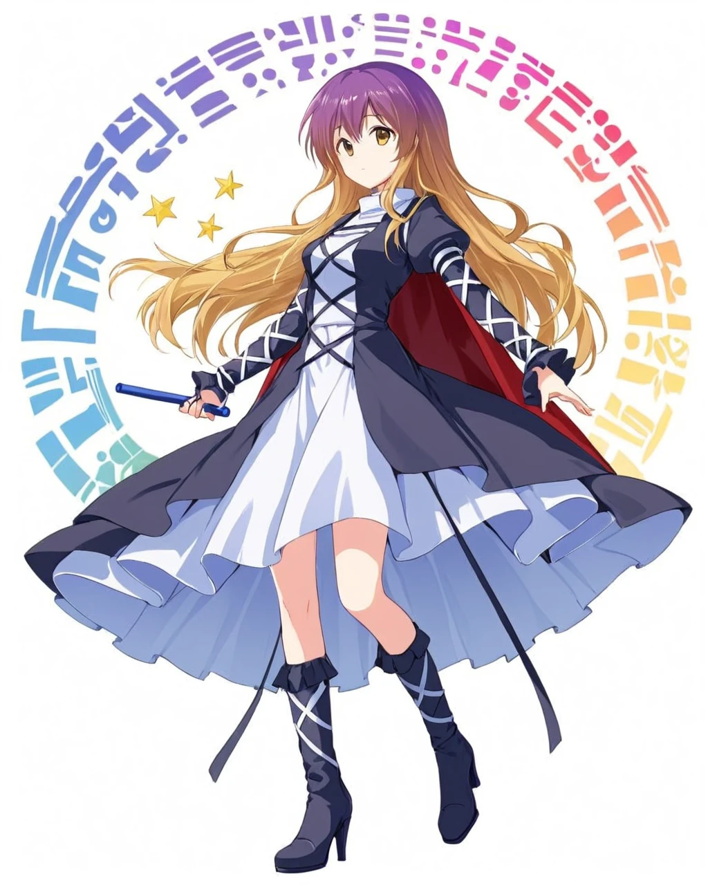 hijiri byakuren,1girl, solo, white_background, simple_background, black_footwear, sorcerer's_sutra_scroll, full_body, boots, cape, juliet_sleeves, cross-laced_clothes, standing, high_heels, layered_dress, white_dress, holding
<lora:hijiri_byakuren_image2907_2023-12-20:1>,star-shaped_pupils,symbol-shaped_pupils,. gorgeous,key visual, vibrant, studio anime,award-winning, professional, highly detailed,high budget, cinemascope