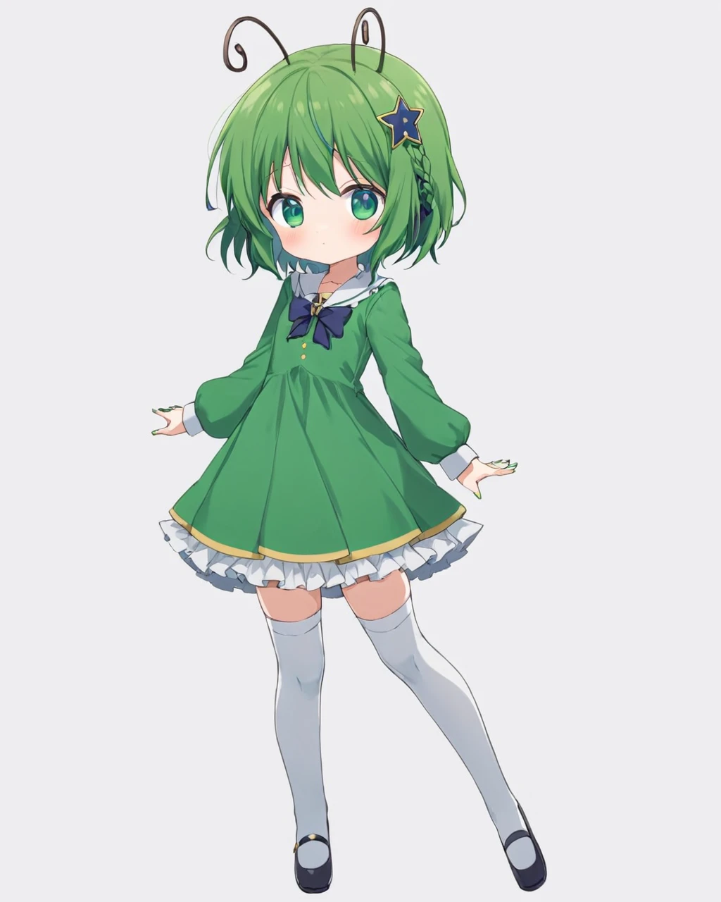 wriggle nightbug,1girl, solo, antennae, white_thighhighs, braid, dress, blush, alternate_costume, white_background, zettai_ryouiki, hairclip, green_nails, hair_bow, simple_background, nail_polish, looking_at_viewer, long_sleeves
<lora:wriggle_nightbug_image3698_2023-12-11-000006:1>,star-shaped_pupils,symbol-shaped_pupils,. gorgeous,key visual, vibrant, studio anime,award-winning, professional, highly detailed,high budget, cinemascope