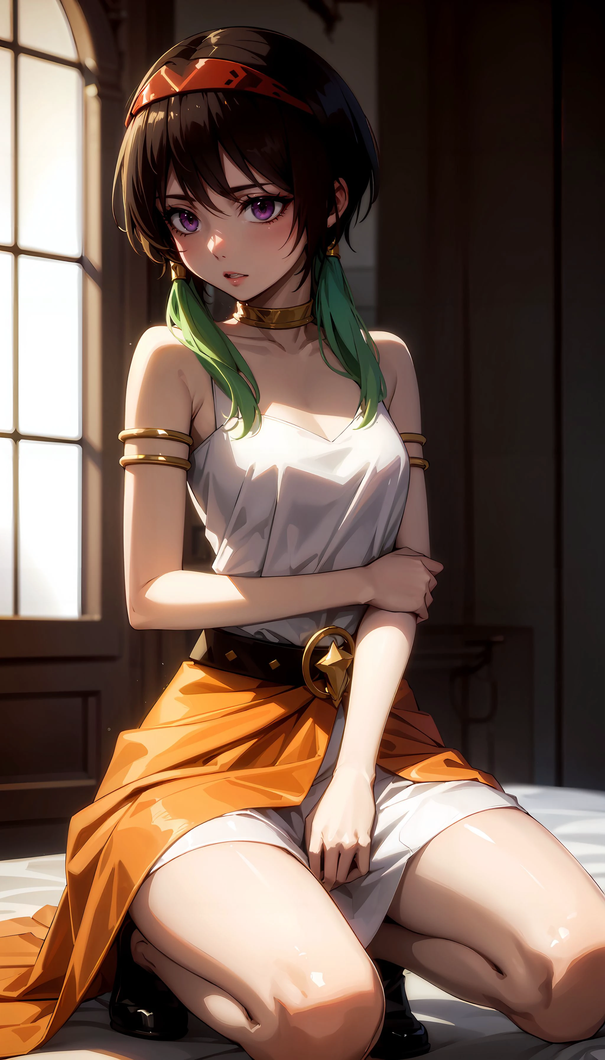 photorealistic, (4k), depth of field, (Masterpiece), (realistic skin texture), extremely detailed, intricate, hyper detailed, professional photography, bokeh, high resolution, sharp detail, best quality, woman, brown hair, green tips, purple eyes, long dress, white dress, orange (waist:1.3) cape, gold armlets, gold necklace, gold belt buckle, red headband, squatting, <lora:Towa:0.7>,
