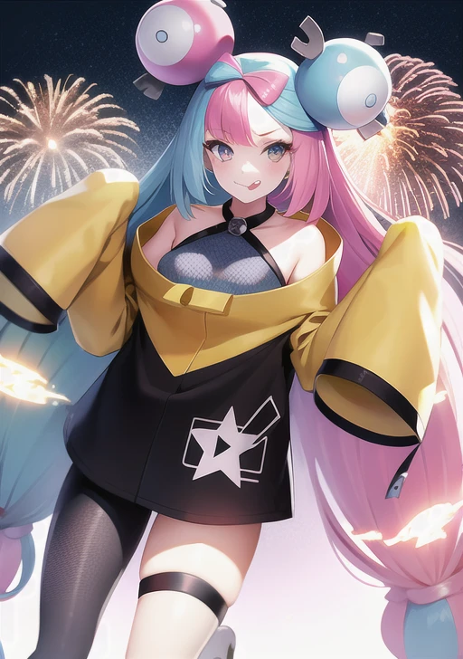 <lora:Iono:0.8>, iono, 1girl, solo, long hair, looking at viewer, smile, bangs, shirt, hair ornament, very long hair, jacket, pink hair, pantyhose, multicolored hair, sleeveless, tongue, tongue out, two-tone hair, sleeves past wrists, sleeveless shirt, thigh strap, sleeves past fingers, low-tied long hair, :q, yellow jacket, oversized clothes, fireworks, grey pantyhose, single leg pantyhose, bow-shaped hair, character hair ornament, x