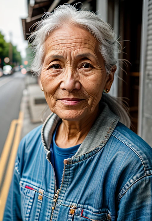 1 woman,50 yos, close up, mi xup, solo, standing on the street, casual outfit, RAW photo, (high detailed skin:1.2), 8k uhd, dslr, high quality, film grain, Fujifilm XT3, visible pores