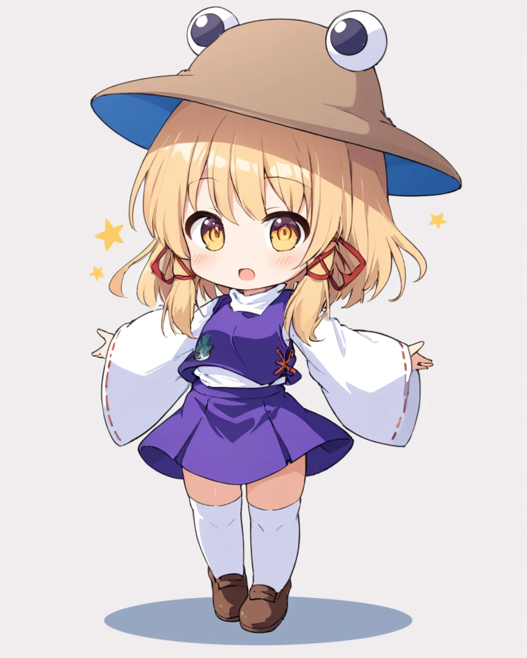 moriya suwako,1girl, solo, hat, purple_skirt, open_mouth, chibi, purple_vest, wide_sleeves, white_thighhighs, full_body, hair_ribbon, brown_headwear, red_ribbon, long_sleeves, brown_footwear, white_background, standing, blush_stickers, shirt, detached_sleeves, sleeves_past_fingers, outstretched_arms, sidelocks
<lora:moriya_suwako_image6645_2023-12-17-000007:1>,star-shaped_pupils,symbol-shaped_pupils,. gorgeous,key visual, vibrant, studio anime,award-winning, professional, highly detailed,high budget, cinemascope