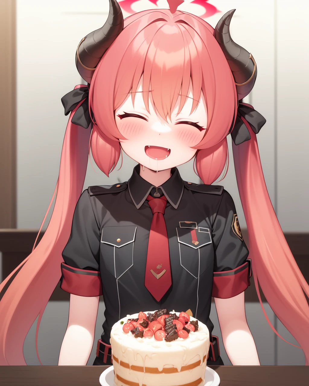 1girl, solo, long hair, blush, smile, open mouth, bangs, shirt, holding, twintails, very long hair, closed eyes, upper body, short sleeves, :d, red hair, food, necktie, horns, fang, collared shirt, belt, black shirt, halo, holding food, red necktie, drooling, facing viewer , junko (blue archive), 8K, masterpiece, beautiful