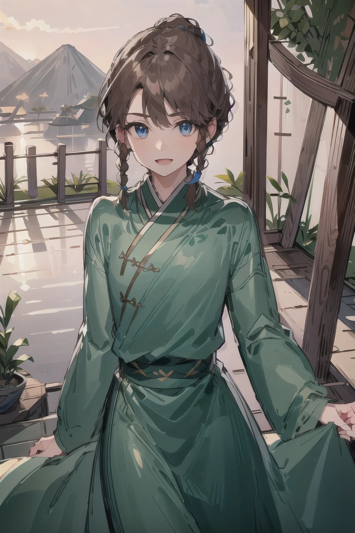 1boy, (Highest picture quality), (Master's work), (ultra-detailed), (Detailed eye description:1.2), (masterpiece, best quality, high quality, highres, ultra-detailed), solo, dark blue eyes, brown hair, braids, asymmetrical bangs, (bunch top of head:1.3), green clothes, trees, leaves in air, warm atmosphere, sunny day, walk throw street, chinese style, city, street, smiles, :D , back to the viewer, <lora:HuJia2:1>