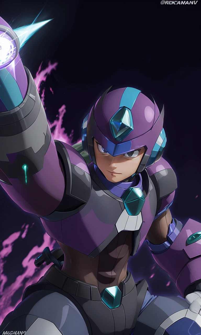 mgmgrv2023, 1boy, best quality, masterpiece, 5 fingers, depth of field, intricate, arm cannon, photorealistic, purple armor, green accents, energy sword, powerful, megaman,