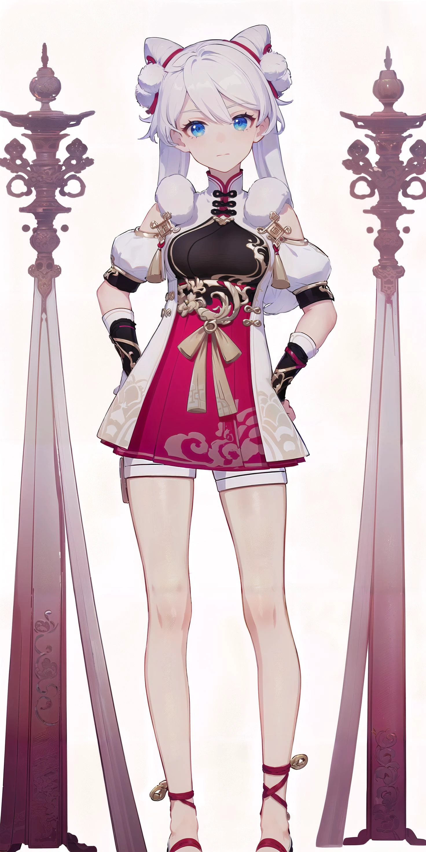 8k, best quality, masterpiece, (ultra-detailed:1.1), (high detailed skin),
(full body:1.2), white background, standing, looking at viewer, (solo:1.4), hand on hip,
<lora:xuetu-yz-v100:0.8:lbw=OUTALL>, xuetu, blue eyes, white hair, chinese clothes, double bun, bangs, short dress,
(white background, simple background:1.6),
(beautiful_face), ((intricate_detail)), clear face,
((finely_detailed)), fine_fabric_emphasis,
((glossy)), full_shot