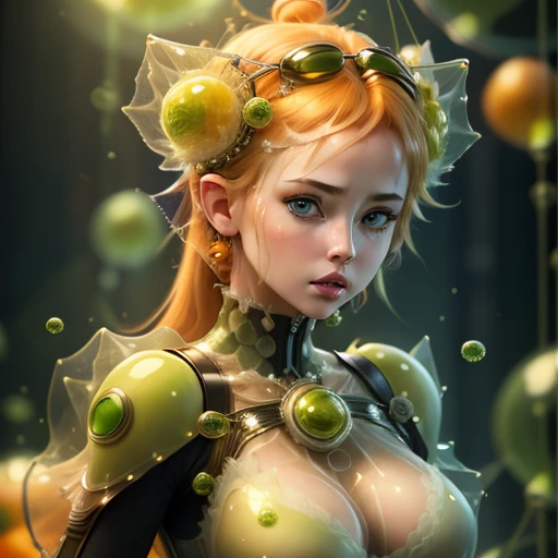 1girl, solo, honeycomb (pattern), breasts, blue eyes, looking at viewer, bodysuit, upper body, medium breasts, heterochromia, orange hair, lips, floating hair, hexagon, hair ornament, closed mouth, green theme, bubble, still life, blurry, green background, air bubble <lora:algae:1>