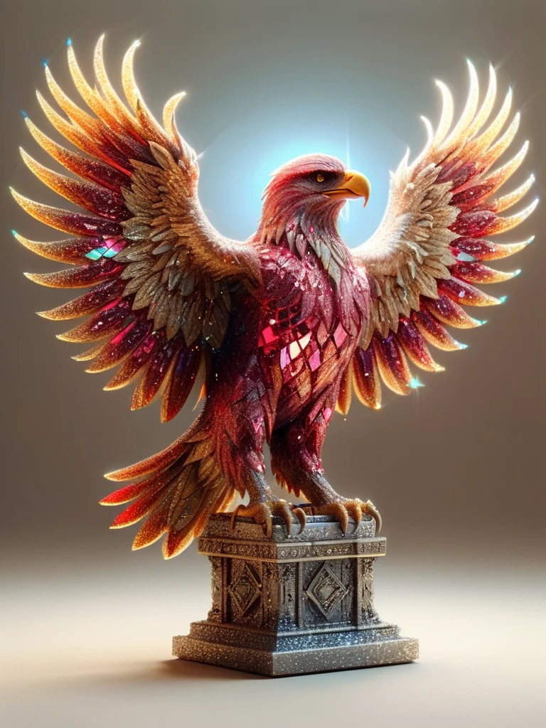 statue made of glowing crystal tiles,eagle made completely of tiles, scifi, masterpiece, 3d tiles, 3d shadows, neon red,gold, neon yellow background , (masterpiece:1.2), best quality, (hyperdetailed, highest detailed:1.2), high resolution textures, shards, glass, brocken glass, transparent glass, pieces of glass, <lora:ral-glitter:1> ral-glitter