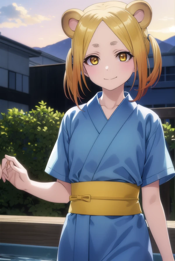 koyuzushigaraki, <lora:koyuzu shigaraki s1-lora-nochekaiser:1>,
koyuzu shigaraki, short hair, blonde hair, animal ears, twintails, (yellow eyes:1.3), smile,
BREAK tail, japanese clothes, kimono, sash, obi, orange kimono,
BREAK outdoors, hot spring, onsen,
BREAK looking at viewer, (cowboy shot:1.5),
BREAK <lyco:GoodHands-beta2:1>, (masterpiece:1.2), best quality, high resolution, unity 8k wallpaper, (illustration:0.8), (beautiful detailed eyes:1.6), extremely detailed face, perfect lighting, extremely detailed CG, (perfect hands, perfect anatomy),