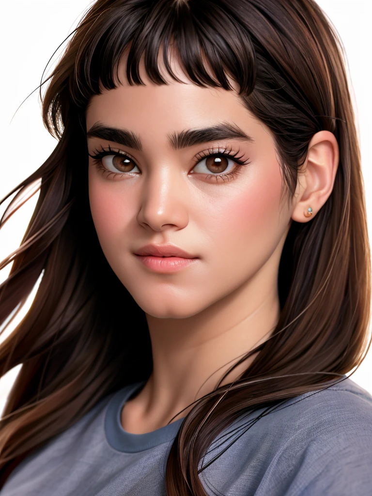 Realistic photo of a beautiful s0f14b woman,1girl,solo,long hair,looking at viewer,bangs,simple background,brown hair,shirt,white background,brown eyes,closed mouth,upper body,blunt bangs,lips,black shirt,thick eyebrows,realistic,nose,soft lighting, professional Photography, Photorealistic, detailed, RAW, analog, sharp focus, 8k, HD, high quality, masterpiece<lora:s0f14b:1.0>