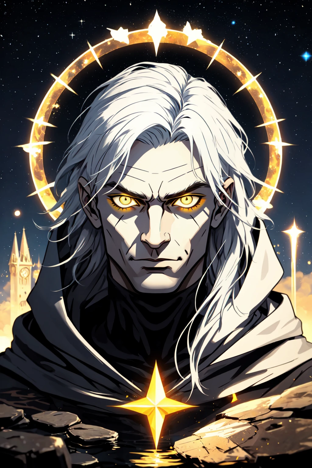 solo, long hair, 1boy, male focus, holding, white hair, yellow eyes, colored skin, yellow skin, sunken eyes, BREAK, glowing eyes, glowing, sky, hood, portrait, star (sky), starry sky, magic, portal, BREAK, outdoors, fantasy, insane vibes, godlike, evil,