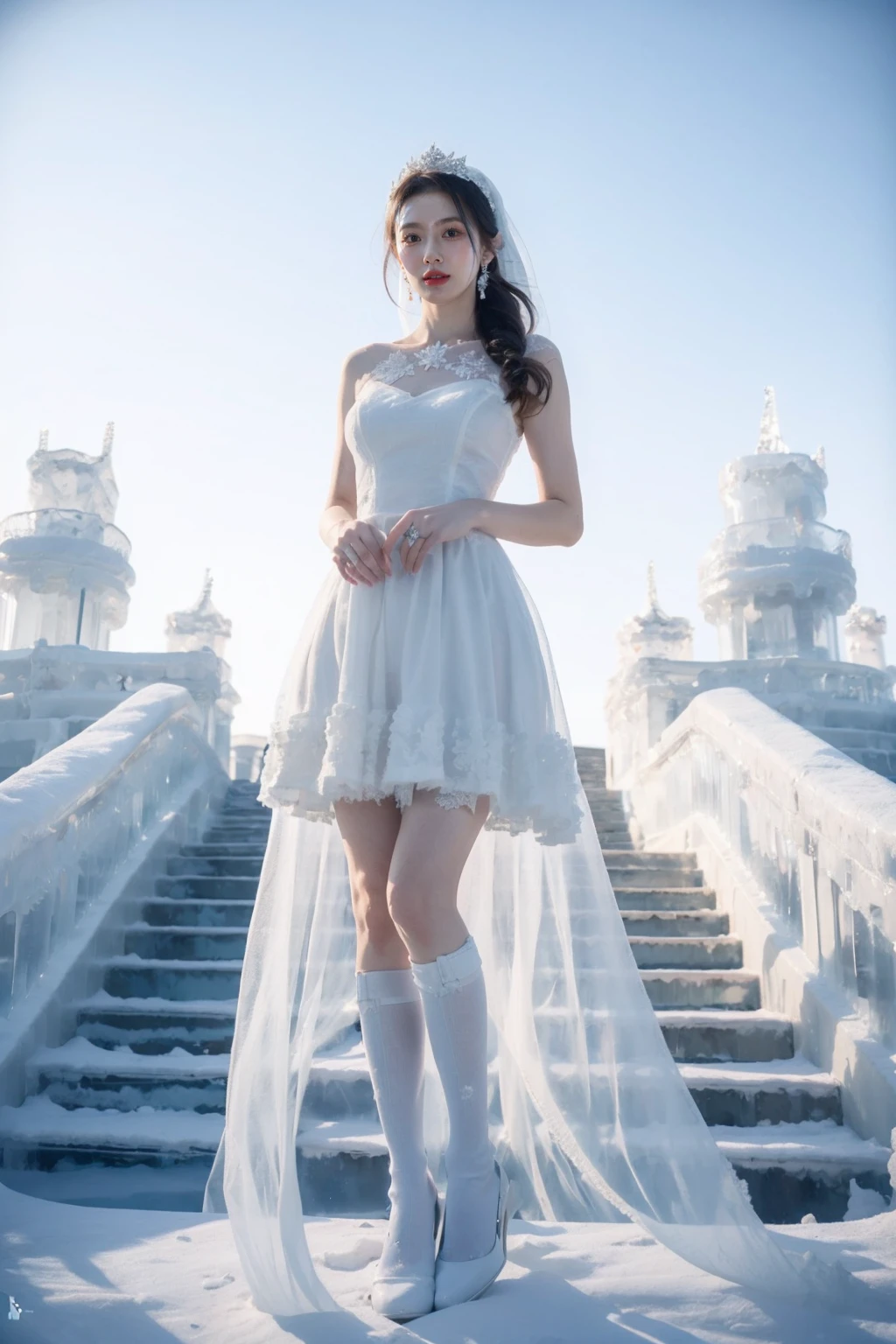 wearing a white dress,a girl wearing a wedding dress,white dress,ice and snow crown,high end long tail wedding dress,long legs,(white stockings:1.2),sky,cloud,ice castle,ferris wheel,looking_at_viewer,standing,<lora:Ice and Snow World_20231223195220-000010:0.7>,nikon lens,ice steps,1girl,solo,earrings,long hair,jewelry,realistic,brown hair,brown eyes,snowflakes,drifting snowflakes,