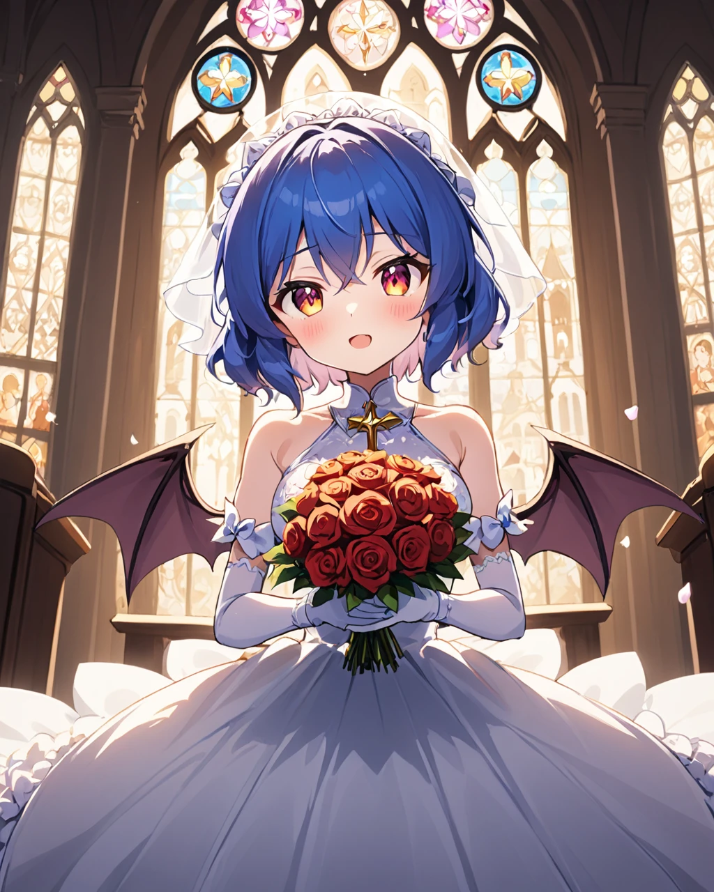 remilia scarlet,1girl, wedding_dress, solo, bat_wings, bridal_veil, white_gloves, elbow_gloves, white_dress, stained_glass, petals, alternate_costume, open_mouth, holding_bouquet, looking_at_viewer, blush, bride, bare_shoulders, indoors, :d, church, breasts, rose
<lora:remilia_scarlet_image7486_2023-12-11:1>,star-shaped_pupils,symbol-shaped_pupils,. gorgeous,key visual, vibrant, studio anime,award-winning, professional, highly detailed,high budget, cinemascope