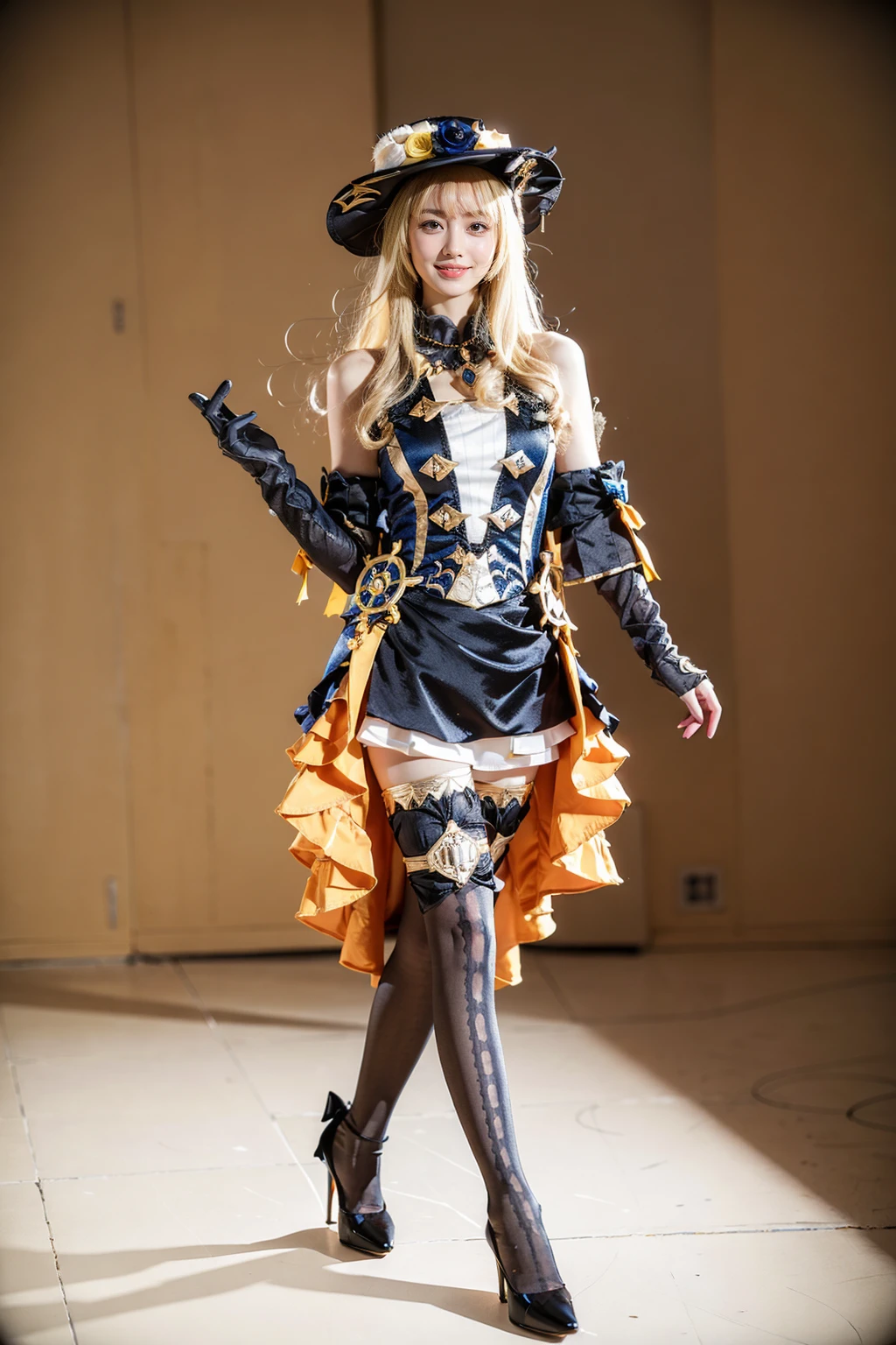 best quality, masterpiece, photorealistic, 1girl, solo, standing, full body, looking at viewer, closed mouth, smile, navia cosplay costume, navia, cosplay, blonde hair, hat, headwear, dress, detached sleeves, bare shoulders, single glove, thighhighs, print legwear, high heels, breasts, <lora:genshin_Navia_cosplay_v1:0.7>
