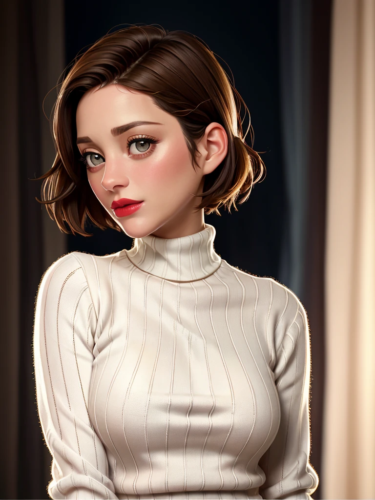Realistic photo of a beautiful m4r10nc woman, 1girl,solo,breasts,looking at viewer,short hair,brown hair,dress,turtleneck sweater,upper body,lips,makeup,lipstick,realistic,soft lighting, professional Photography, Photorealistic, detailed, RAW, analog, sharp focus, 8k, HD, high quality, masterpiece<lora:m4r10nc:1.0>