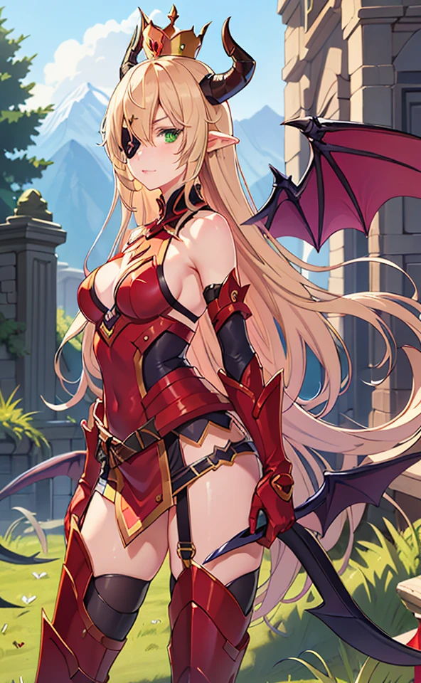 beautiful, majestic, masterpiece, digital art, TheQueen, 1girl, solo, long hair, breasts, looking at viewer, bangs, blonde hair, thighhighs, gloves, dress, hair between eyes, bare shoulders, medium breasts, very long hair, green eyes, standing, tail, boots, wings, horns, sleeveless, pointy ears, black gloves, elbow gloves, armor, high heels, sideboob, thigh boots, eyepatch, red dress, demon girl, crown, gauntlets, red footwear, demon tail, red gloves, high heel boots, demon wings, red thighhighs, ahoge, (upper body:1.4), <lyco:TheQueen:0.6>, forest, grass, mountains, exterior, daylight