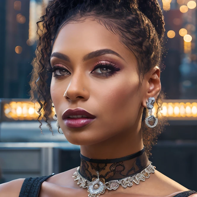 (masterpiece:1.2), (best quality,:1.2), 8k, HDR, ultra detailed, ((photorealistic)), professional light, cinematic lighting, fashion photography, ambient lighting, face lighting, Sarai, <lora:Sarai-10:1>, dynamic pose, earrings, dark makeup, choker, necklace, ((portrait shot)), <lora:detail_slider_v4:2>, OverallDetail, ffhanddetail, ffacedetail, skindetail,