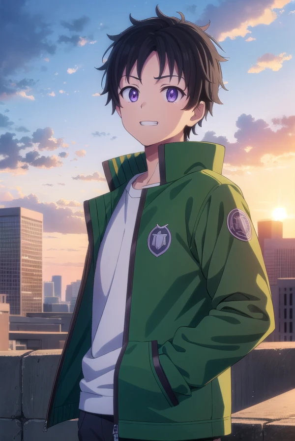 akiratendou, <lora:akira tendou s1-lora-nochekaiser:1>,
akira tendou, short hair, black hair, male focus, wide-eyed, (purple eyes:1.1), smile, grin,
BREAK shirt, jacket, white shirt, open clothes, pants, open jacket, black pants, green jacket,
BREAK outdoors, city, sun, sky, clouds,
BREAK looking at viewer, (cowboy shot:1.5),
BREAK <lyco:GoodHands-beta2:1>, (masterpiece:1.2), best quality, high resolution, unity 8k wallpaper, (illustration:0.8), (beautiful detailed eyes:1.6), extremely detailed face, perfect lighting, extremely detailed CG, (perfect hands, perfect anatomy),