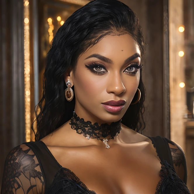 (masterpiece:1.2), (best quality,:1.2), 8k, HDR, ultra detailed, ((photorealistic)), professional light, cinematic lighting, fashion photography, ambient lighting, face lighting, Sarai, <lora:Sarai-10:1>, dynamic pose, earrings, dark makeup, choker, necklace, ((portrait shot)), <lora:detail_slider_v4:2>, OverallDetail, ffhanddetail, ffacedetail, skindetail,