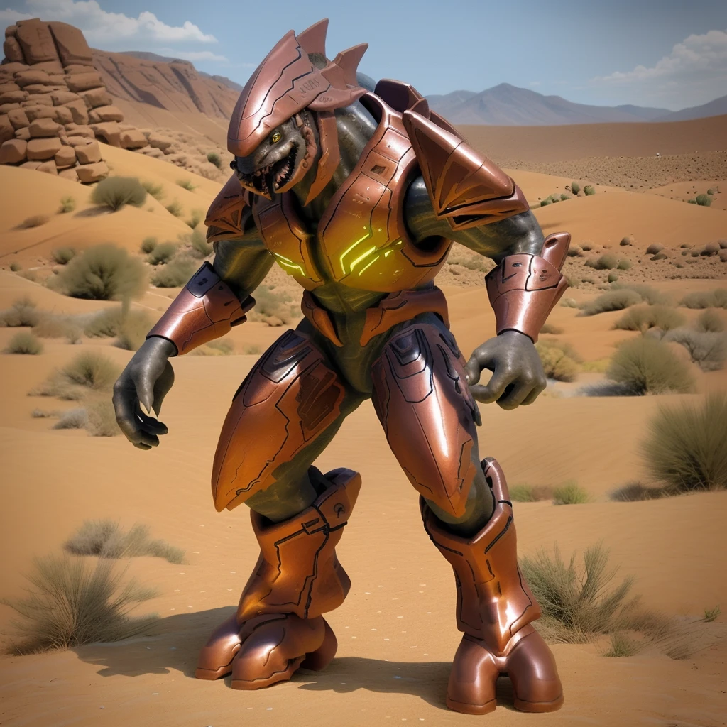 sangheili, alien, armor, red armor, helmet, bodysuit, desert, best quality, masterpiece, detailed, full body, happy, yellow eyes, <lora:SangheiliV17-000003:1>