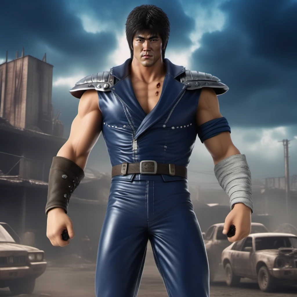 HokutoNoKen1024, a man with scares on the chest, blue leather suit, post apocalyptic background , highly detailed, photography, ultra sharp, film, bokeh, professional, 64k <lora:HokutoNoKen1024:0.8>