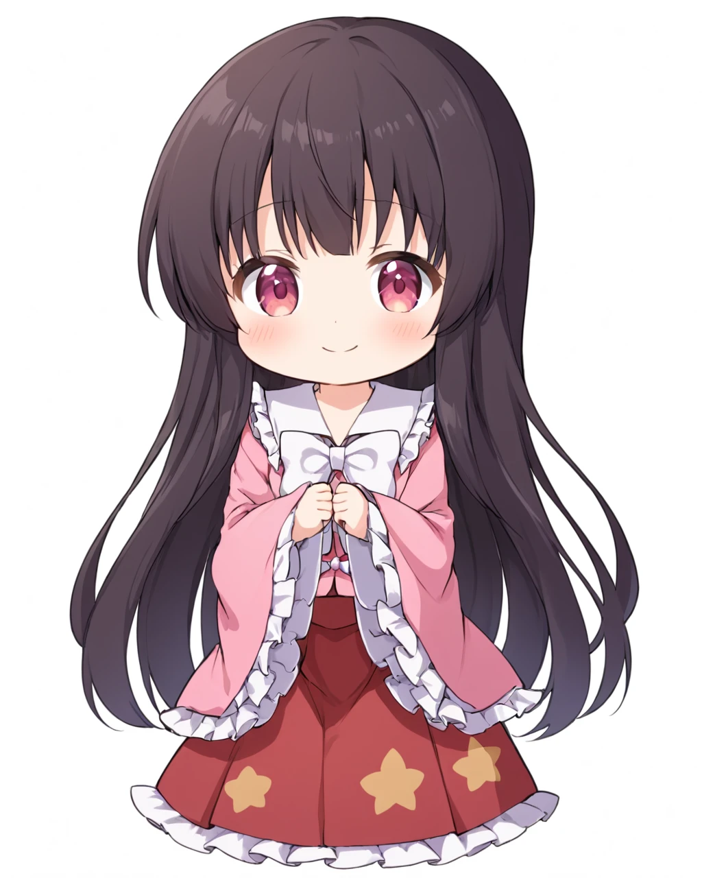 houraisan kaguya,1girl, solo, pink_shirt, smile, red_skirt, long_sleeves, wide_sleeves, closed_mouth, chibi, white_background, simple_background, japanese_clothes, blush, seiza, blouse, white_bowtie, looking_at_viewer, full_body, collar, collared_shirt, frills, pink_sleeves
<lora:houraisan_kaguya_image2025_2023-12-14:1>,star-shaped_pupils,symbol-shaped_pupils,. gorgeous,key visual, vibrant, studio anime,award-winning, professional, highly detailed,high budget, cinemascope