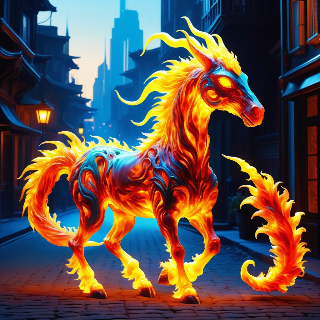 hyper detailed masterpiece, dynamic, awesome quality,DonMF1r3XL firey average alien bioluminescent urban equine soul, furry appendages, bifurcated-tailed, tufted-tailed, smooth skin, pointed ears, <lora:DonMF1r3XL-000006:0.85>