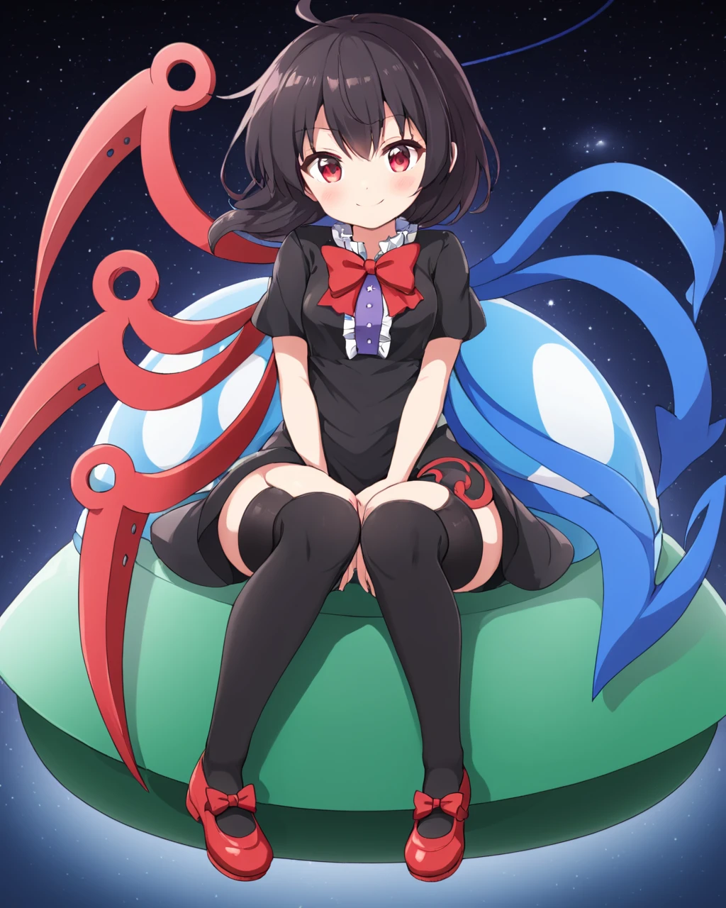 houjuu nue,1girl, solo, ufo, trident, asymmetrical_wings, footwear_bow, black_dress, black_thighhighs, short_sleeves, red_footwear, snake, short_dress, smile, blush, mary_janes, red_bowtie, full_body, blue_wings, sitting, holding, frilled_dress, looking_at_viewer, red_wings, knees_up
<lora:houjuu_nue_image7311_2023-12-20:1>,star-shaped_pupils,symbol-shaped_pupils,. gorgeous,key visual, vibrant, studio anime,award-winning, professional, highly detailed,high budget, cinemascope