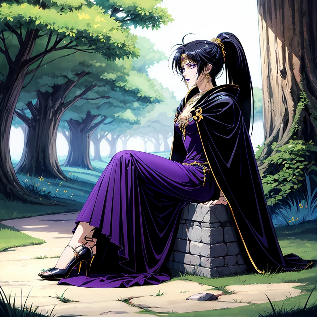 <lora:Karla002:0.7>,<lora:add_detail:1>,<lora:boldline:-0.3>,<lora:noline:0.3>,
Karla,1girl,
ponytail,black hair,purple eyes,purple lips,
circlet,necklace,earrings,
black dress,cloak,
high_heels,
full body,nature,sitting,