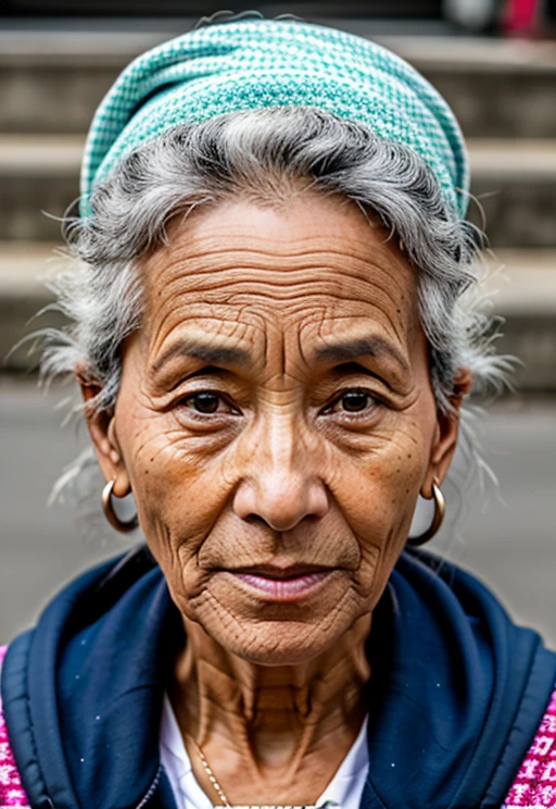 1 woman, 50 yos, close up, mi xup, solo, natural hair, standing on the street, elegant outfit, RAW photo, (high detailed skin:1.2), 8k uhd, dslr, high quality, film grain, Fujifilm XT3, visible pores